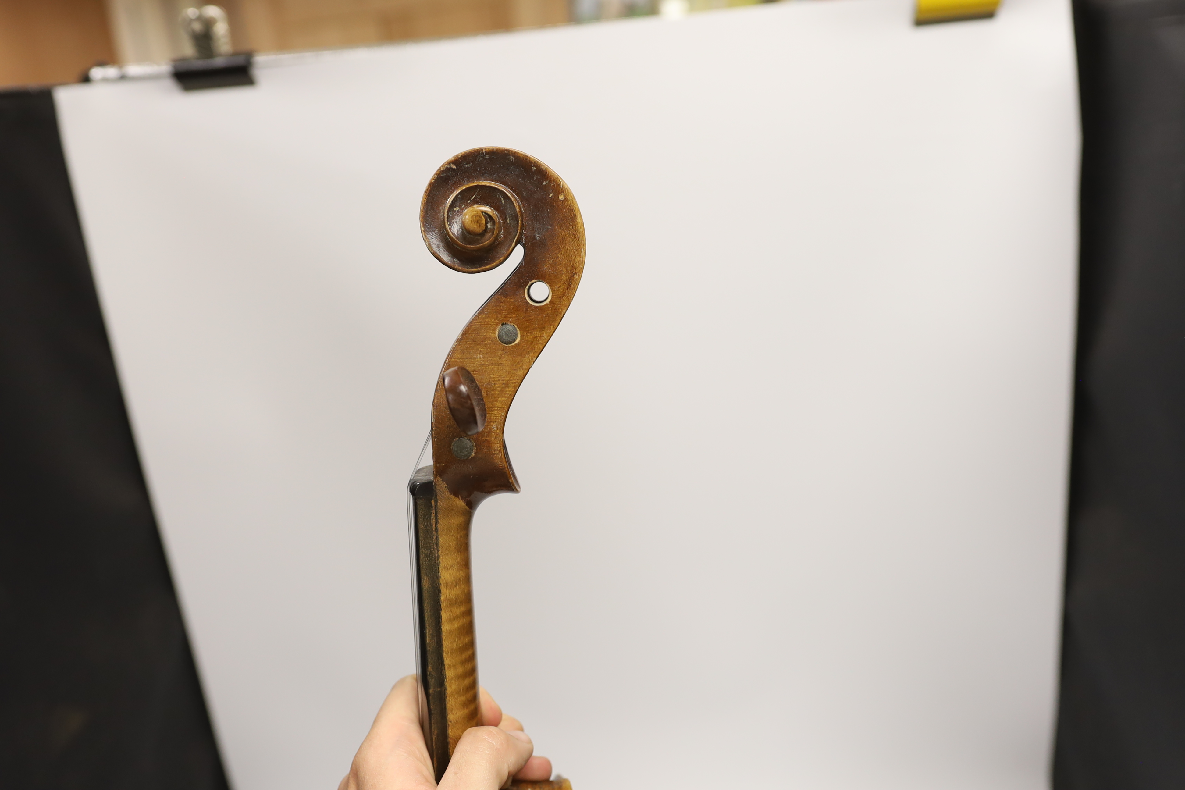 A German Strad violin, back measures 39.5cm, with bow